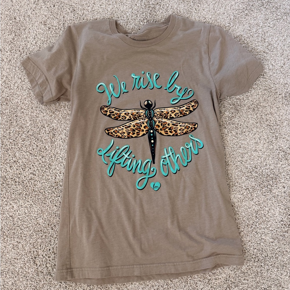 Woman’s Brown Dragonfly Graphic Tee with Teal Script